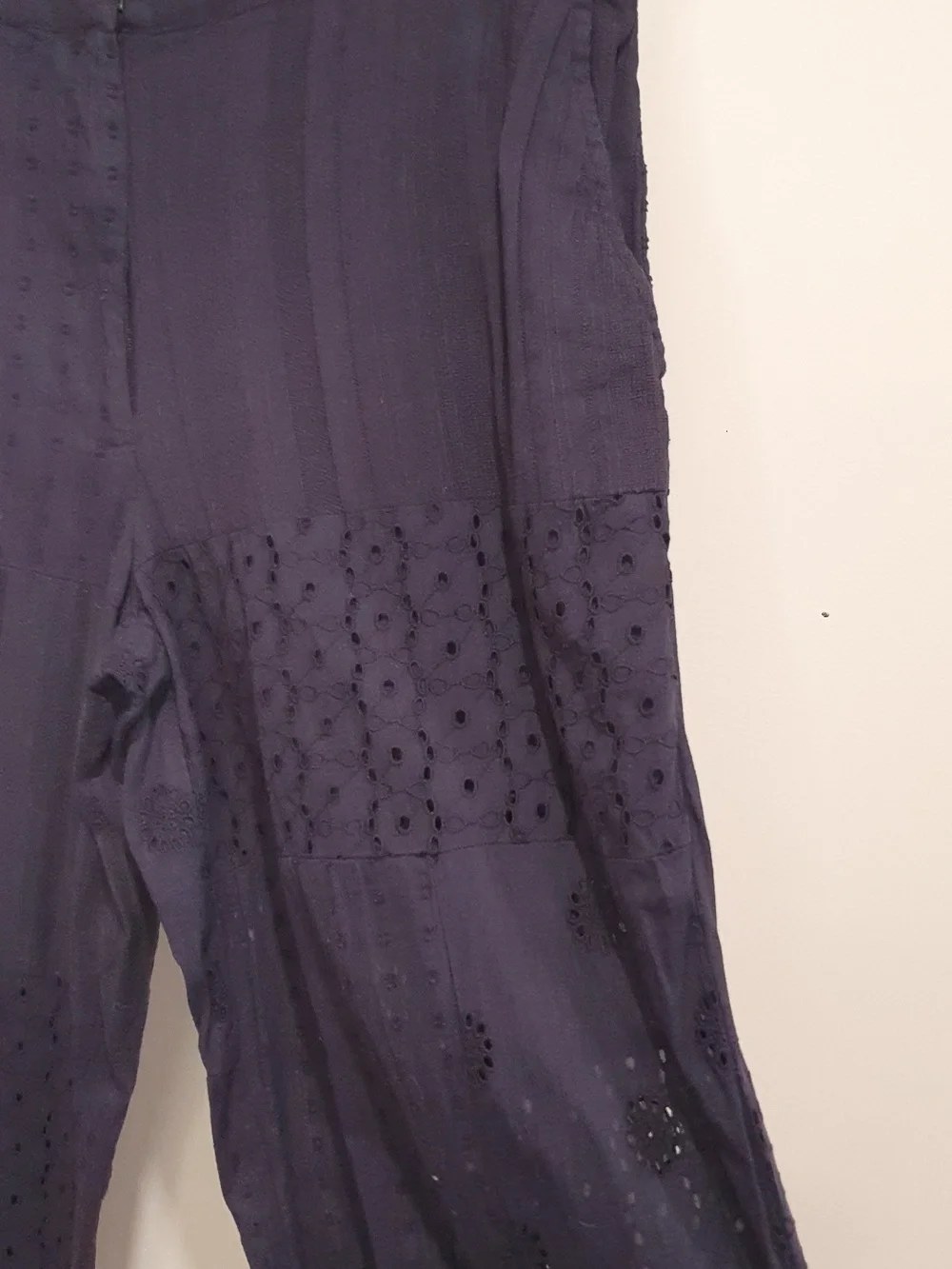 Zara Eyelet Lace Patchwork Navy Blue Embroidered Wide-Leg Pants Size Medium - Picture 6 of 11